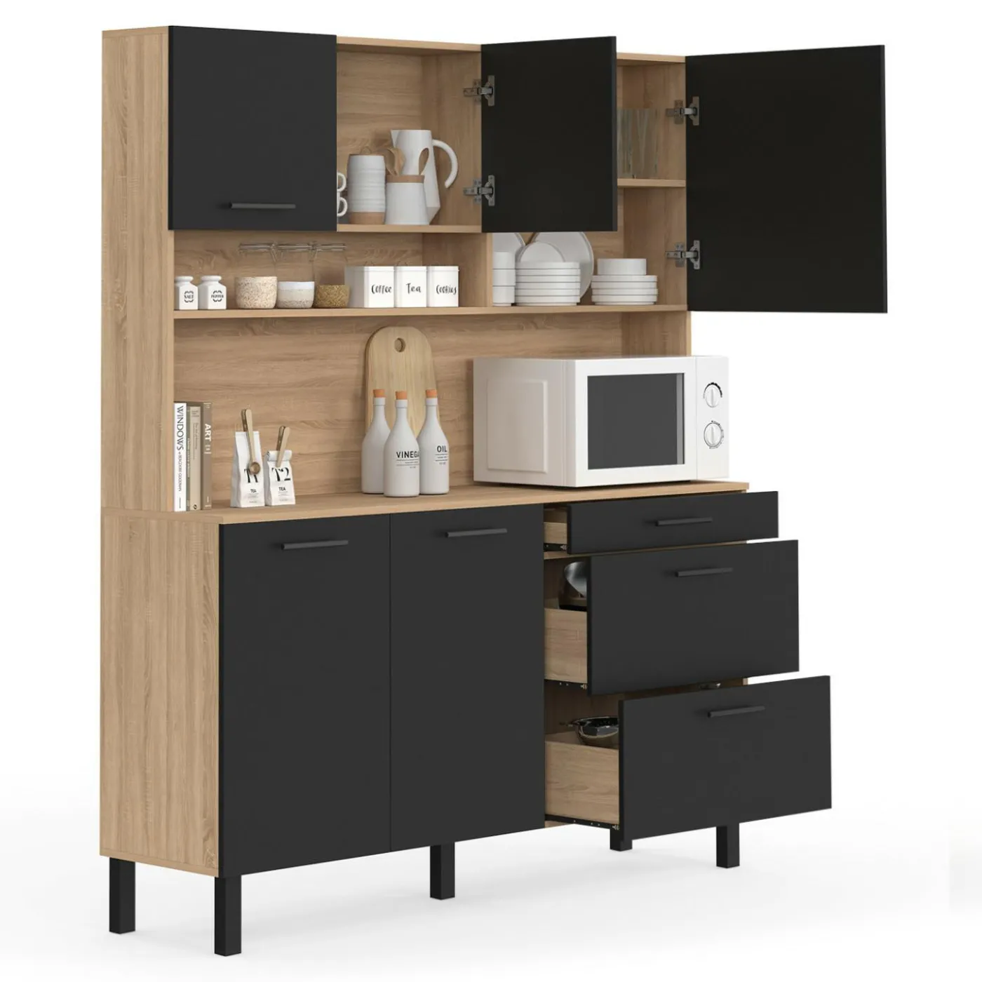 Buffet de cuisine casserolier 5 portes + 3 tiroirs façon hêtre et noir