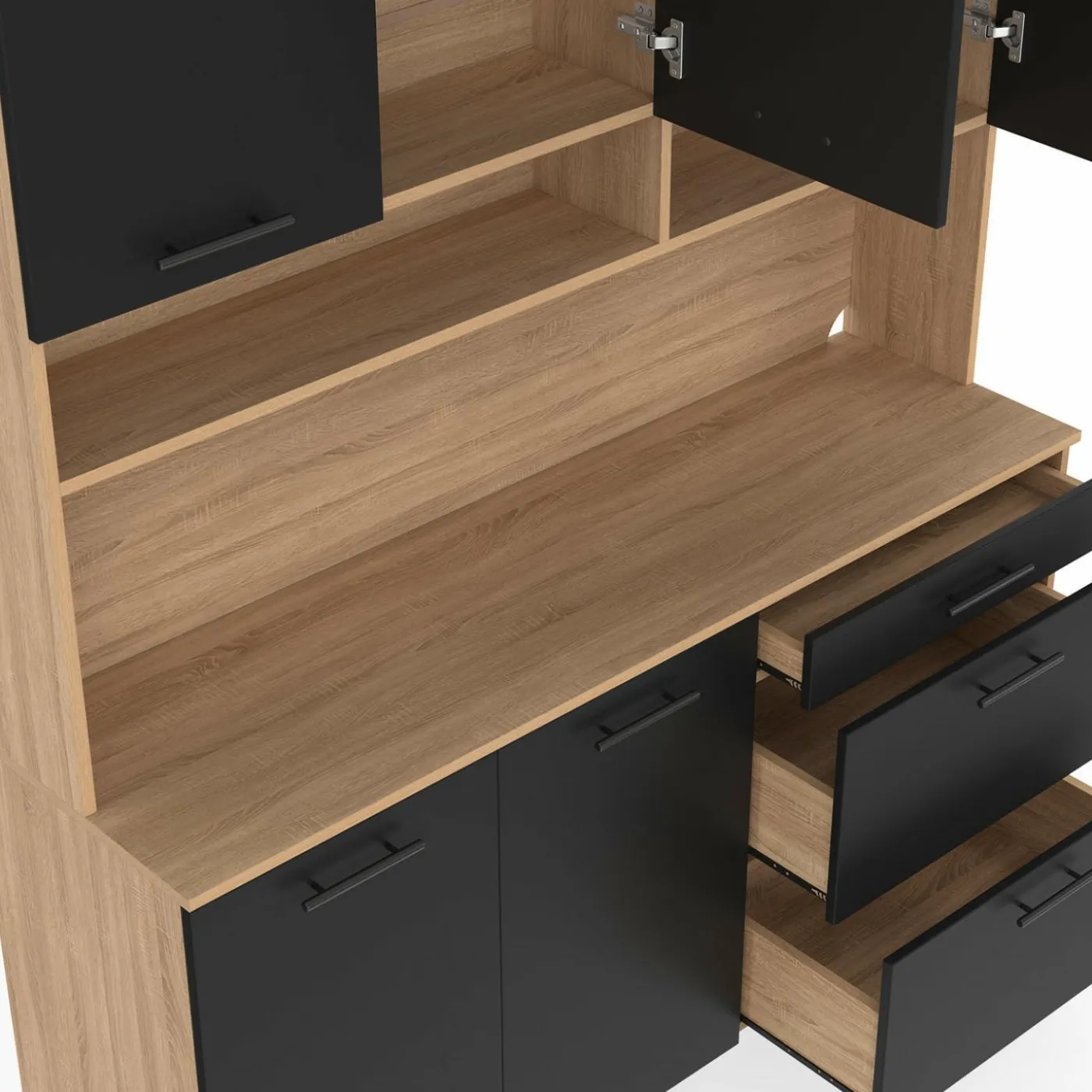 Buffet de cuisine casserolier 5 portes + 3 tiroirs façon hêtre et noir