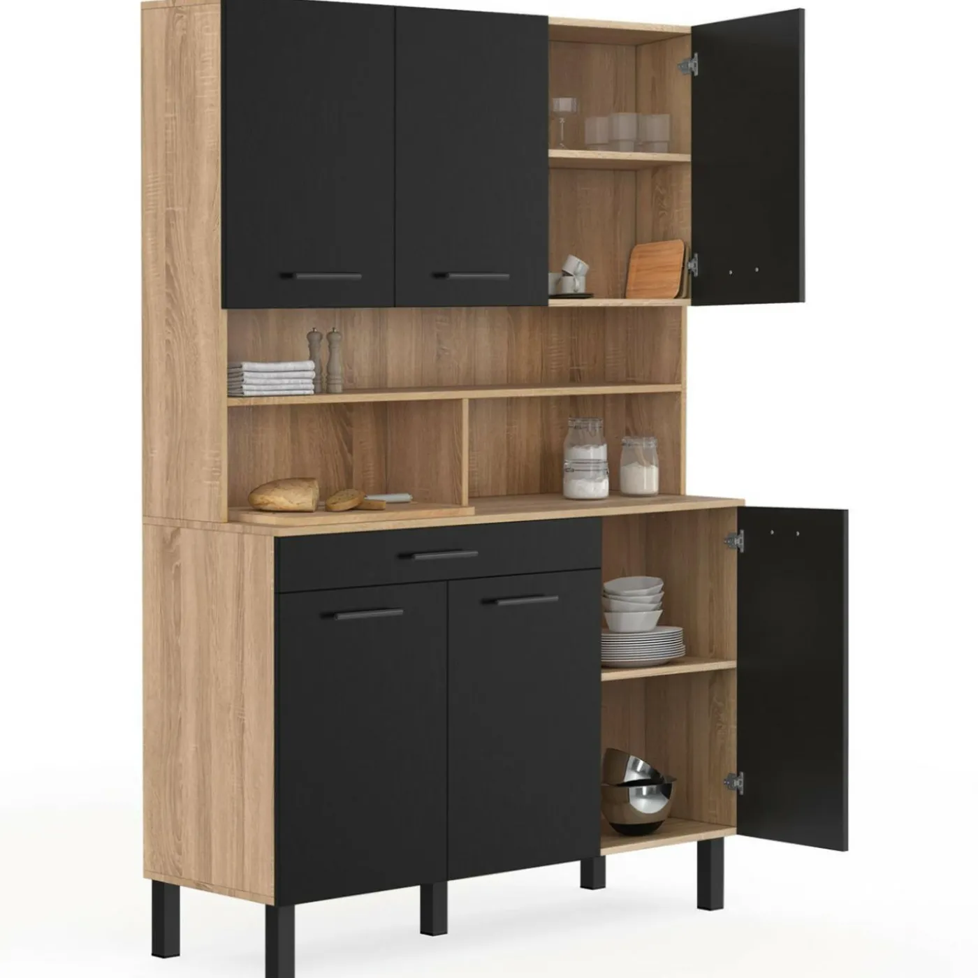 Buffet de cuisine noir et bois 120 cm