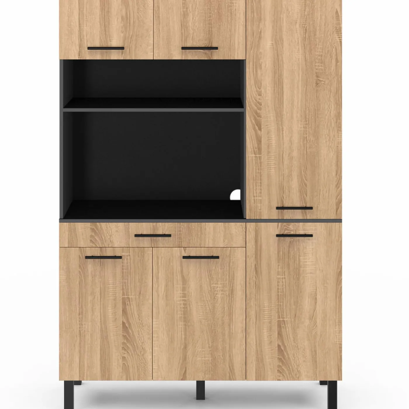 Buffet de cuisine noir et façon hêtre avec 6 portes + tiroir