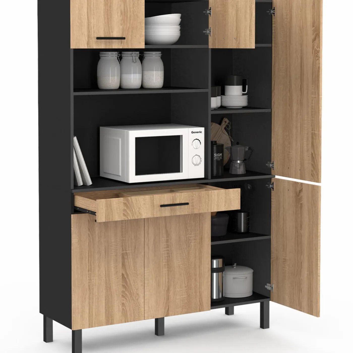 Buffet de cuisine noir et façon hêtre avec 6 portes + tiroir