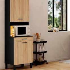Buffet de cuisine vaisselier noir et bois façon hêtre 60 cm