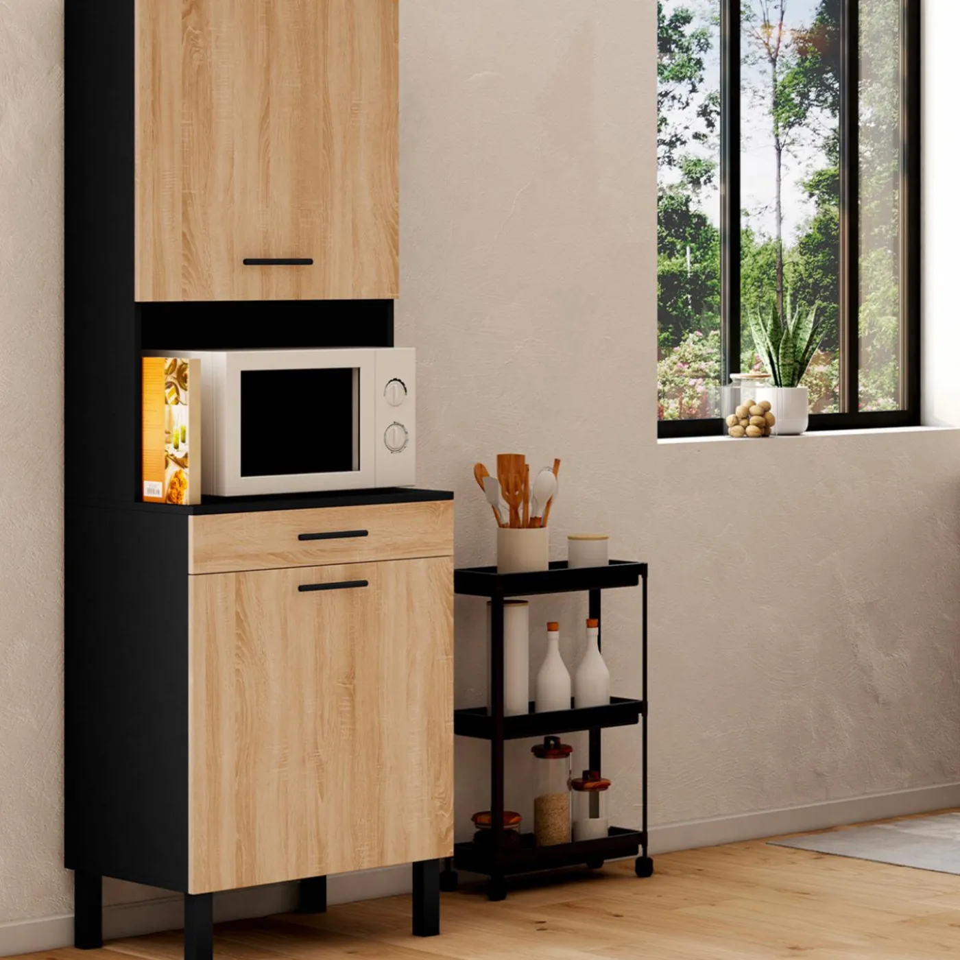 Buffet de cuisine vaisselier noir et bois façon hêtre 60 cm