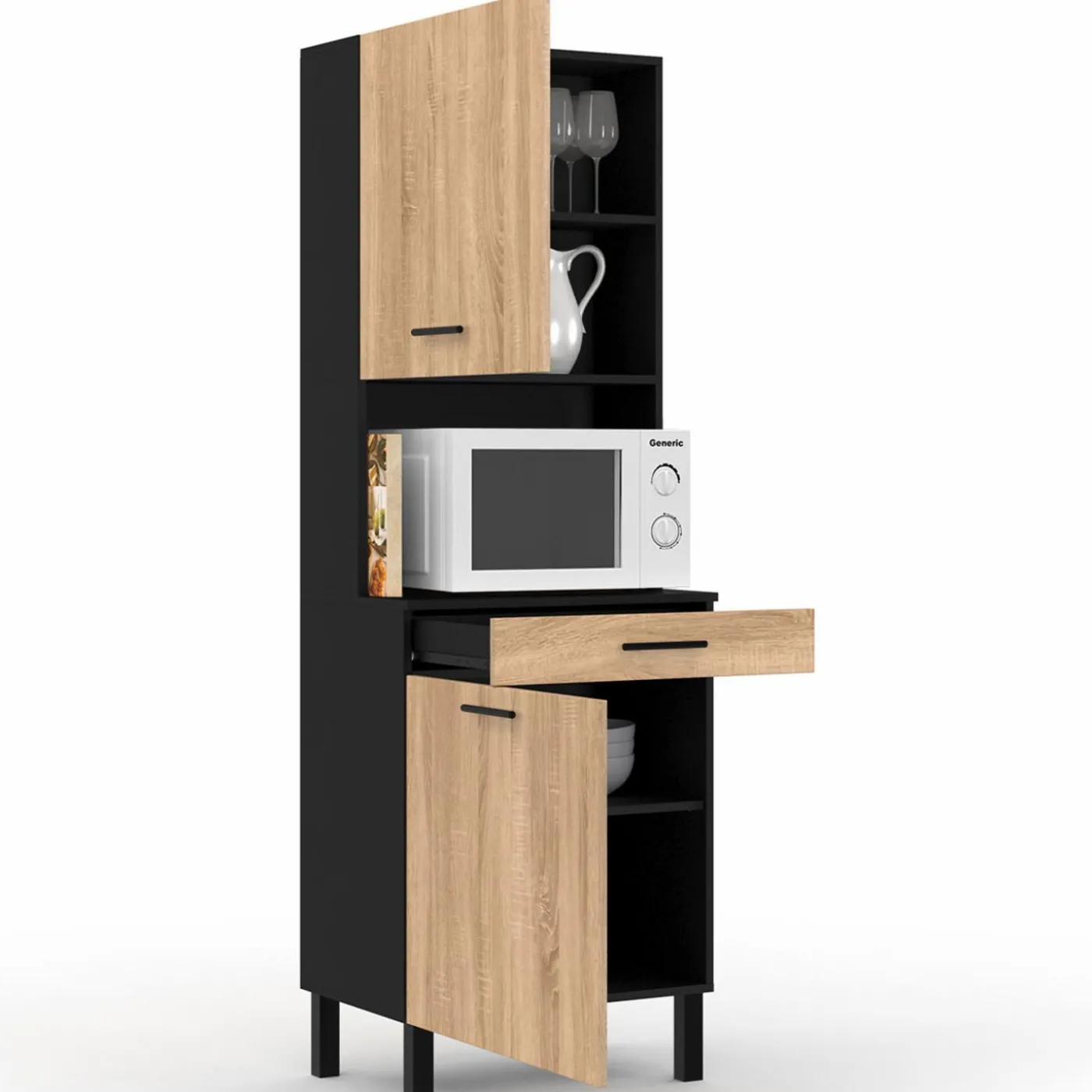 Buffet de cuisine vaisselier noir et bois façon hêtre 60 cm