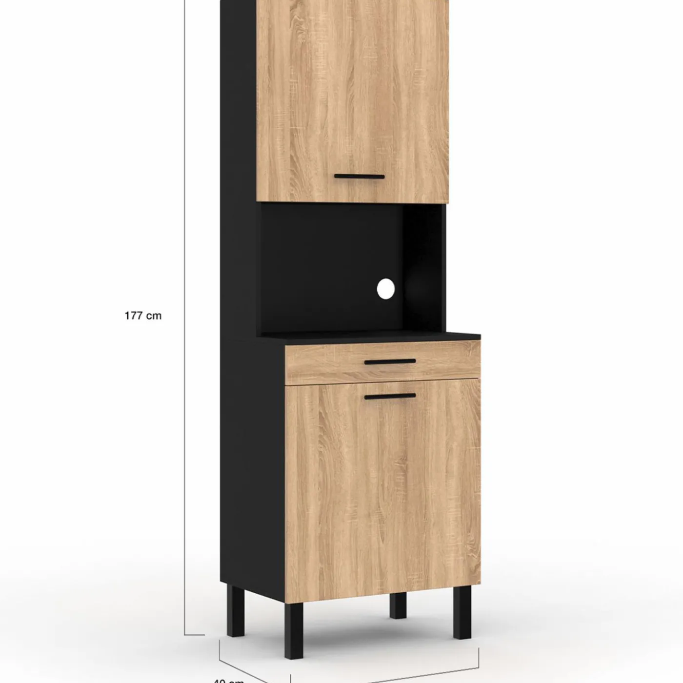 Buffet de cuisine vaisselier noir et bois façon hêtre 60 cm
