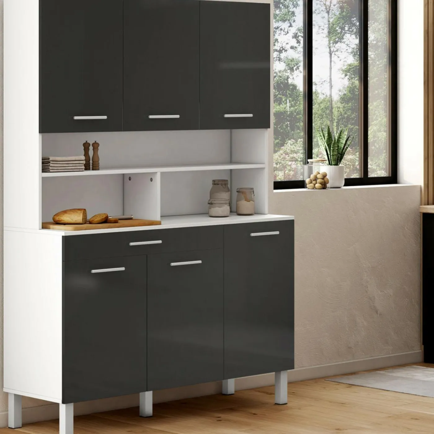 Buffet de cuisine vaisselier gris et blanc 120 cm