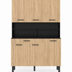 Buffet de cuisine vaisselier noir et bois façon hêtre 120 cm