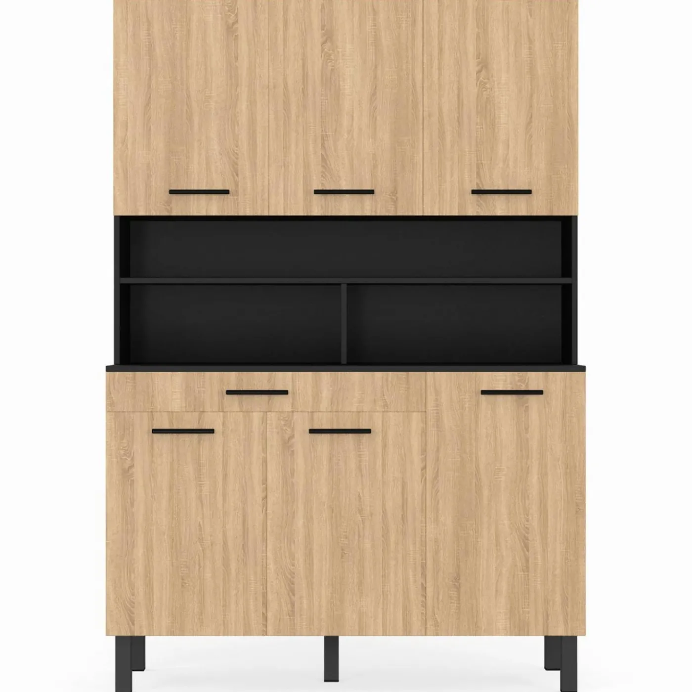 Buffet de cuisine vaisselier noir et bois façon hêtre 120 cm