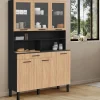 Buffet de cuisine vaisselier 120 cm 6 placards + tiroir noir et bois façon hêtre