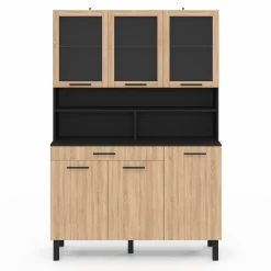Buffet de cuisine vaisselier 120 cm 6 placards + tiroir noir et bois façon hêtre