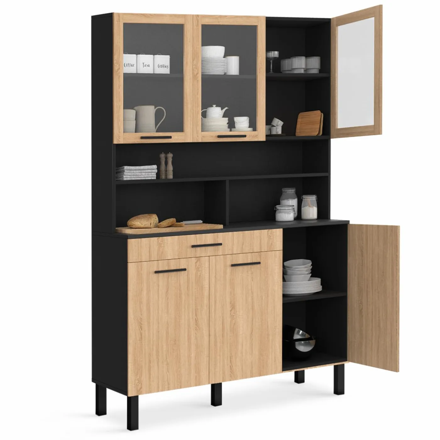 Buffet de cuisine vaisselier 120 cm 6 placards + tiroir noir et bois façon hêtre