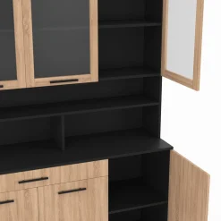 Buffet de cuisine vaisselier 120 cm 6 placards + tiroir noir et bois façon hêtre
