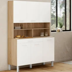 Buffet de cuisine vaisselier blanc et bois façon hêtre 120 cm