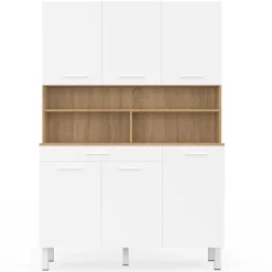 Buffet de cuisine vaisselier blanc et bois façon hêtre 120 cm