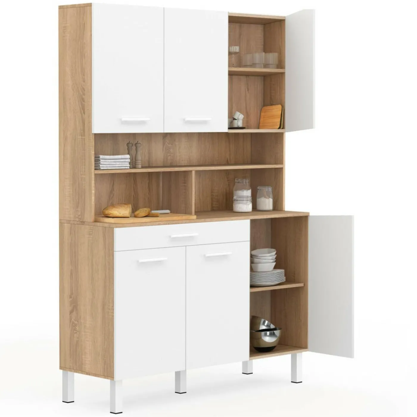 Buffet de cuisine vaisselier blanc et bois façon hêtre 120 cm