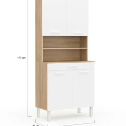Buffet de cuisine vaisselier blanc et bois façon hêtre 80 cm