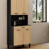 Buffet de cuisine vaisselier noir et bois façon hêtre 80 cm