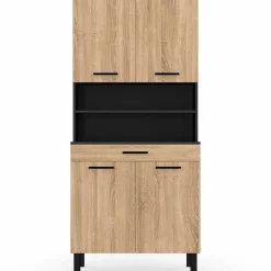 Buffet de cuisine vaisselier noir et bois façon hêtre 80 cm