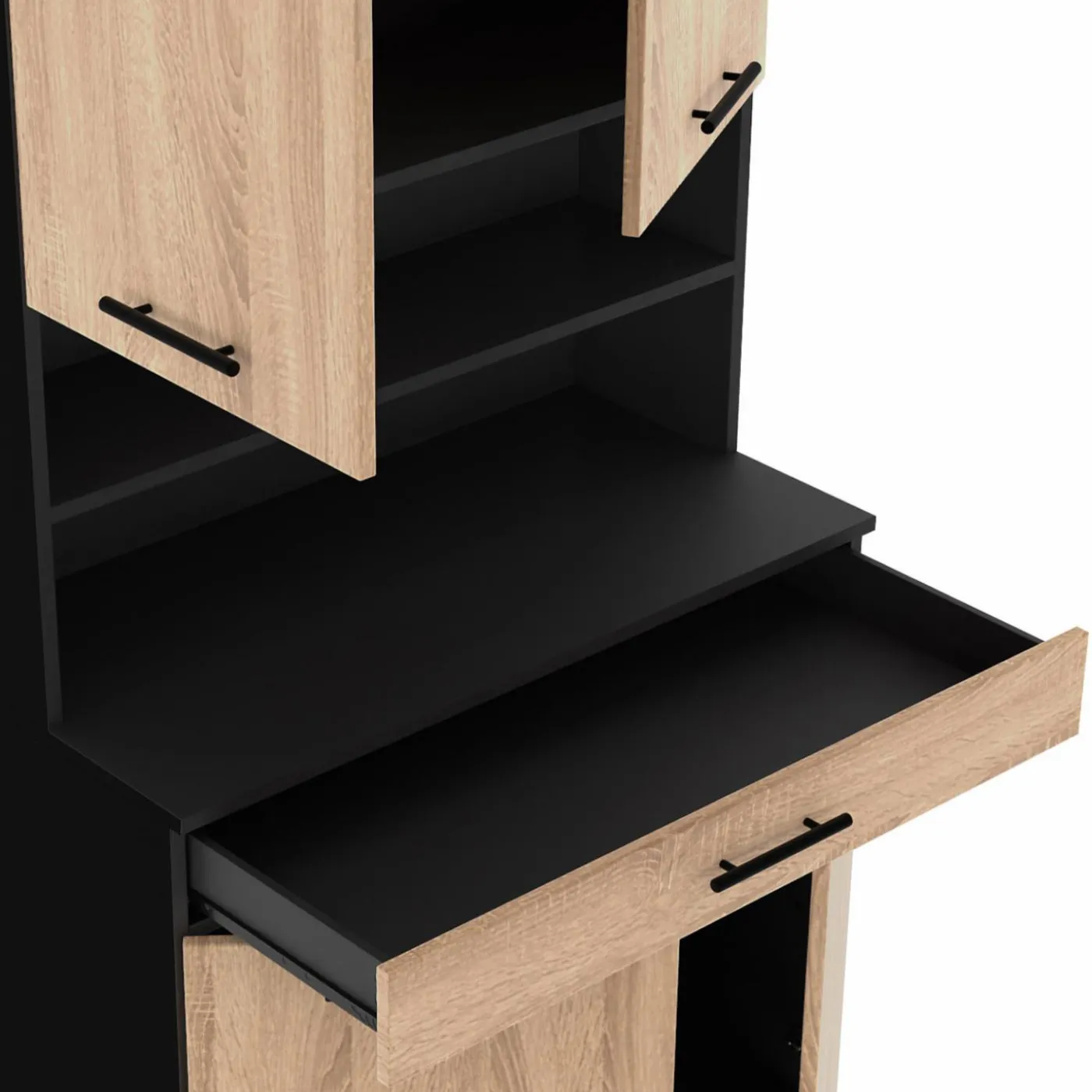 Buffet de cuisine vaisselier noir et bois façon hêtre 80 cm