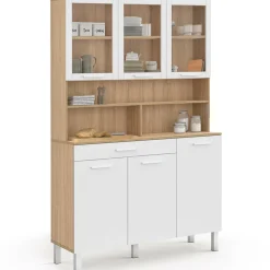 Buffet de cuisine vaisselier 120 cm 6 placards + tiroir blanc et bois façon hêtre