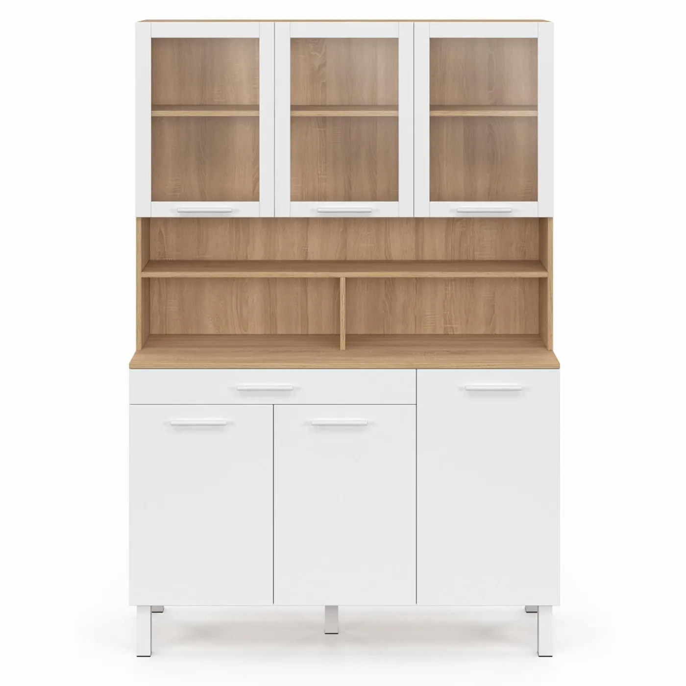 Buffet de cuisine vaisselier 120 cm 6 placards + tiroir blanc et bois façon hêtre