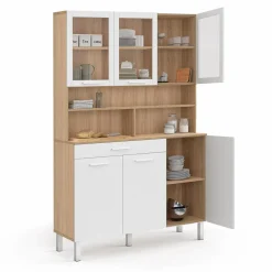 Buffet de cuisine vaisselier 120 cm 6 placards + tiroir blanc et bois façon hêtre