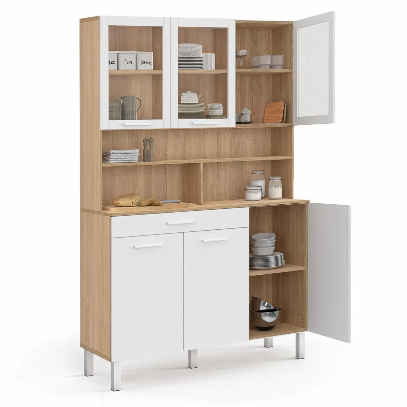 Buffet de cuisine vaisselier 120 cm 6 placards + tiroir blanc et bois façon hêtre