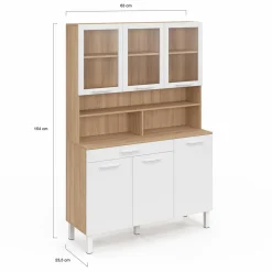 Buffet de cuisine vaisselier 120 cm 6 placards + tiroir blanc et bois façon hêtre