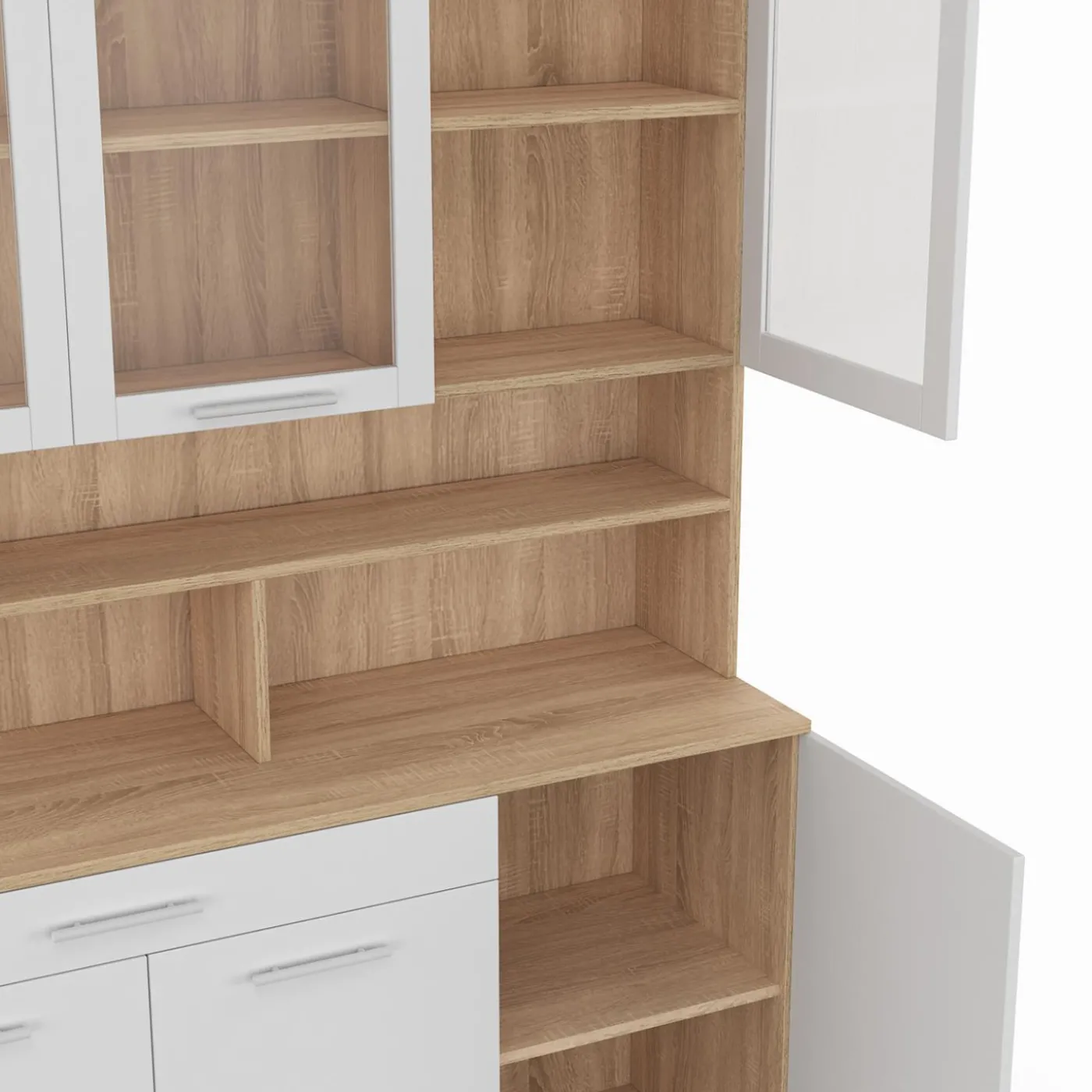 Buffet de cuisine vaisselier 120 cm 6 placards + tiroir blanc et bois façon hêtre