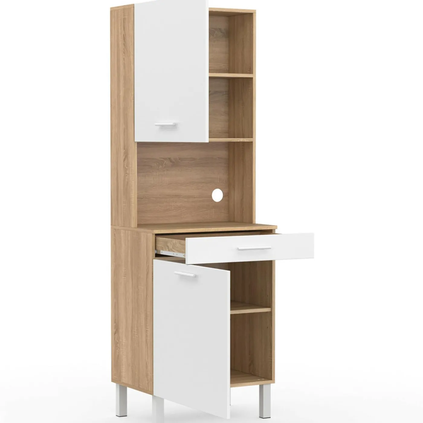 Buffet de cuisine vaisselier blanc et bois façon hêtre 60 cm