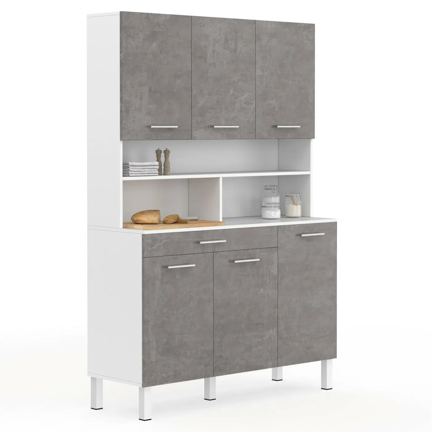 Buffet de cuisine vaisselier effet béton et blanc 120 cm