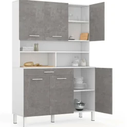 Buffet de cuisine vaisselier effet béton et blanc 120 cm