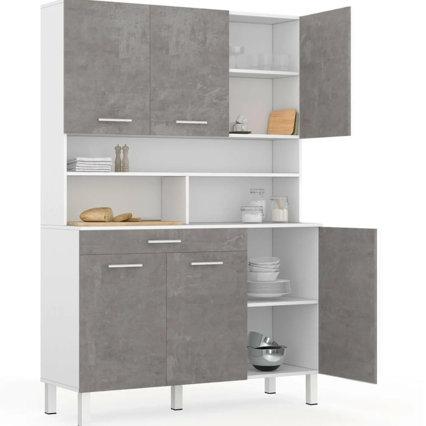 Buffet de cuisine vaisselier effet béton et blanc 120 cm