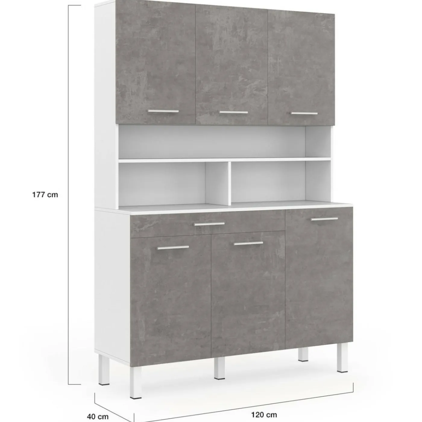 Buffet de cuisine vaisselier effet béton et blanc 120 cm
