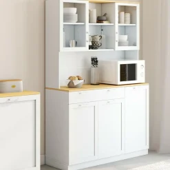 Buffet de cuisine vitré 120 cm 5 portes + 1 tiroir blanc et plateau façon hêtre