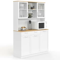 Buffet de cuisine vitré 120 cm 5 portes + 1 tiroir blanc et plateau façon hêtre