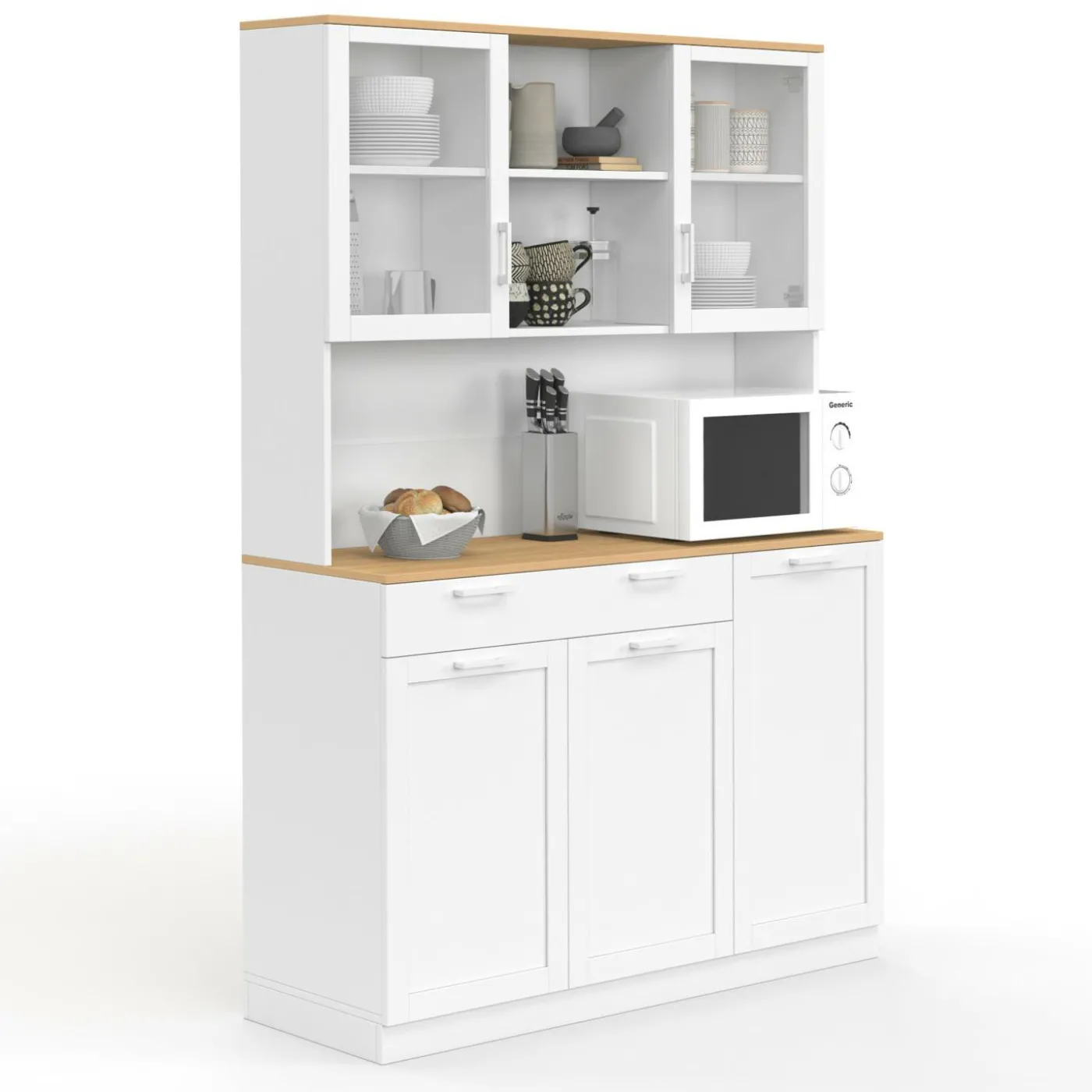 Buffet de cuisine vitré 120 cm 5 portes + 1 tiroir blanc et plateau façon hêtre