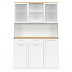 Buffet de cuisine vitré 120 cm 5 portes + 1 tiroir blanc et plateau façon hêtre