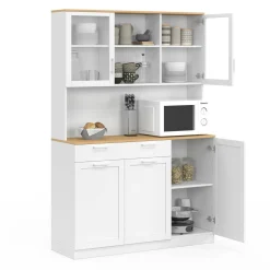 Buffet de cuisine vitré 120 cm 5 portes + 1 tiroir blanc et plateau façon hêtre