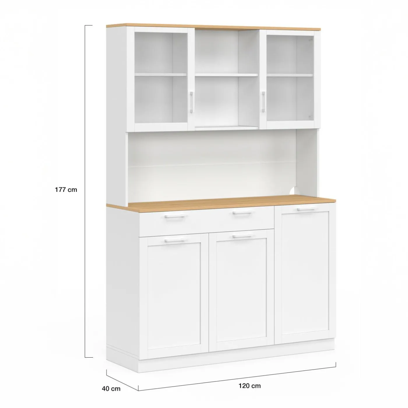 Buffet de cuisine vitré 120 cm 5 portes + 1 tiroir blanc et plateau façon hêtre