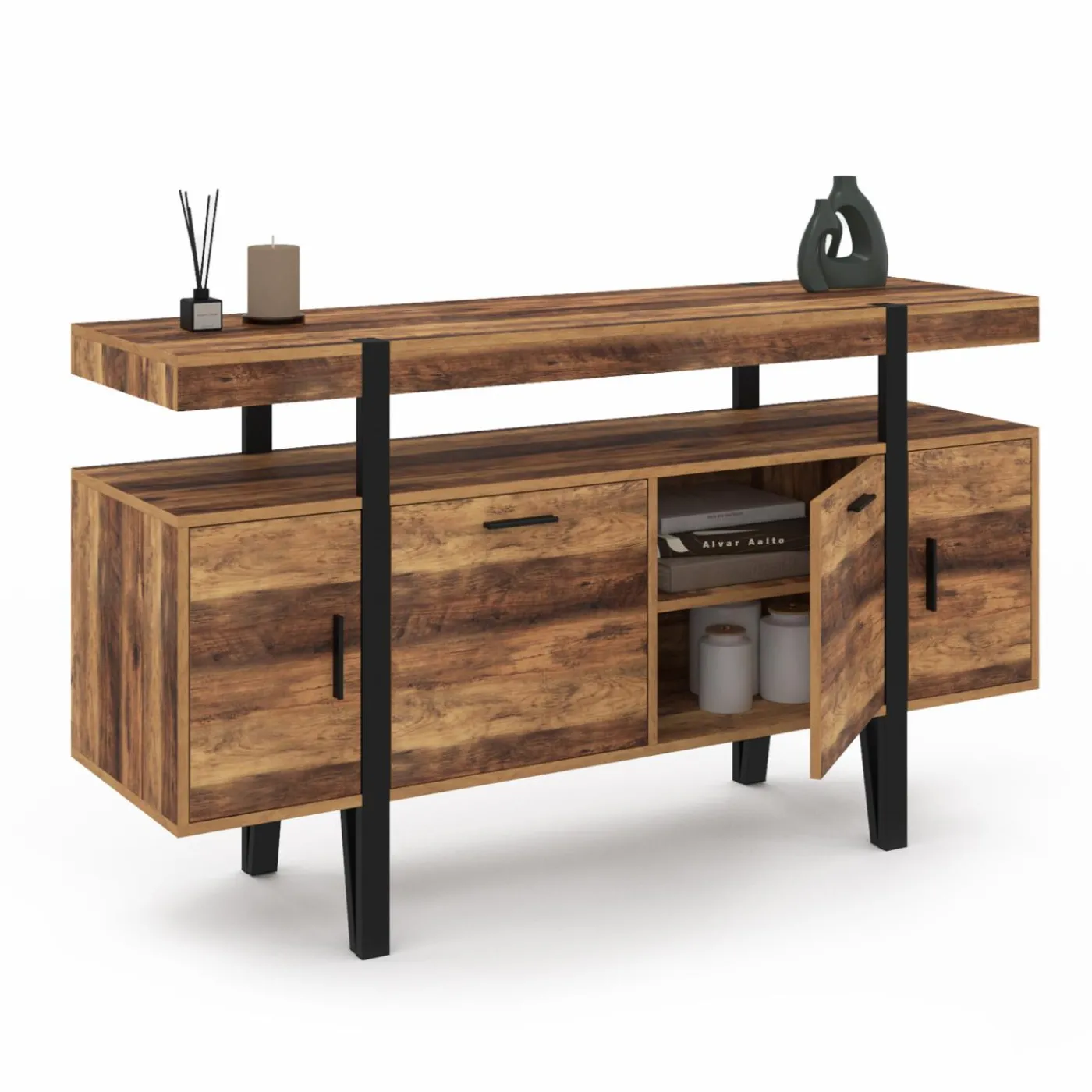 Buffet de salon industriel 4 portes bois et noir