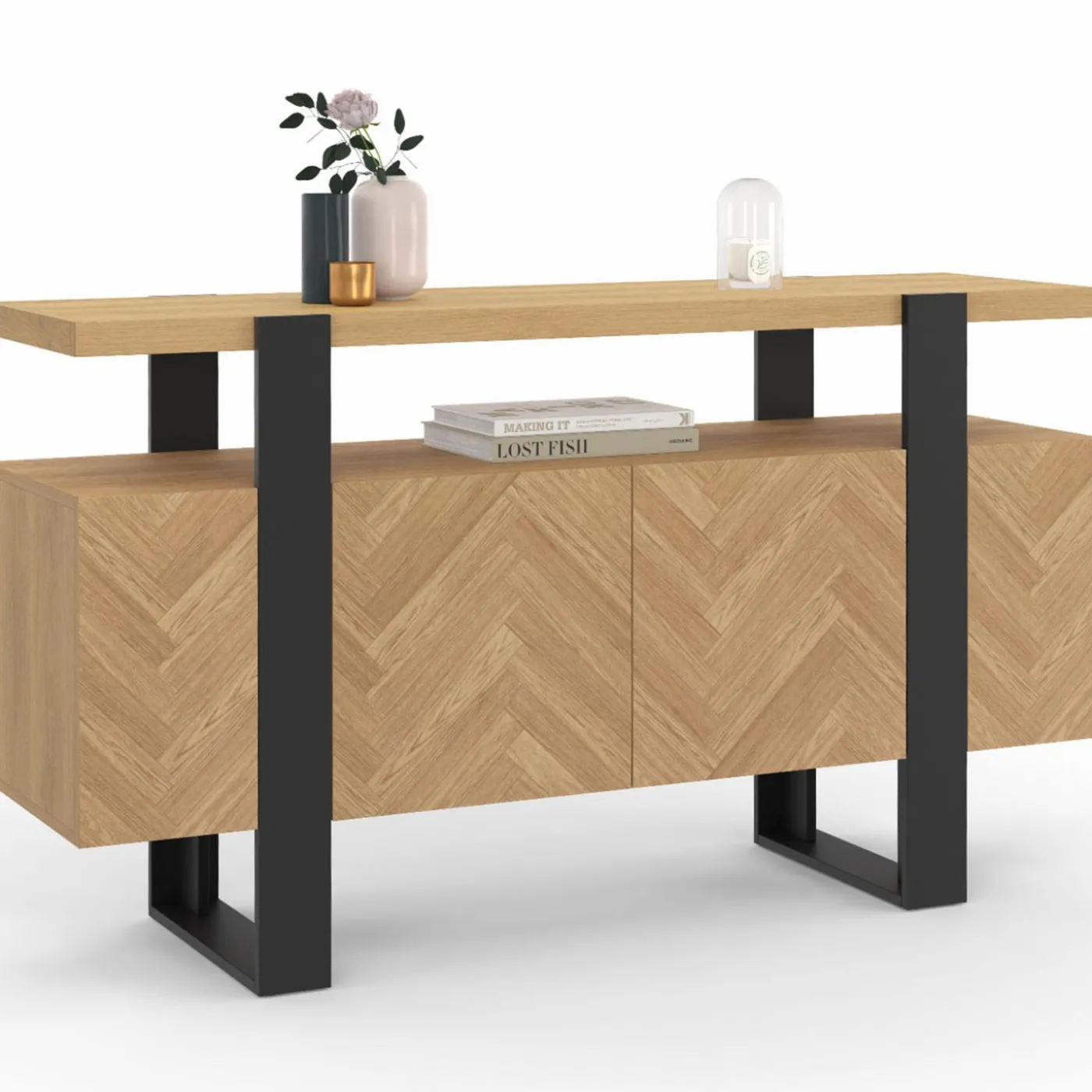 Buffet effet chevrons et noir avec 4 portes 140 cm
