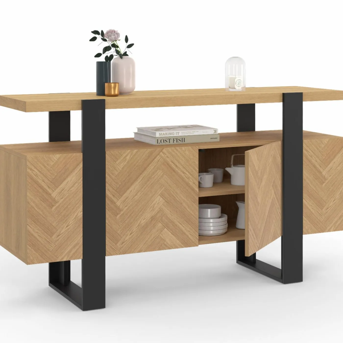 Buffet effet chevrons et noir avec 4 portes 140 cm