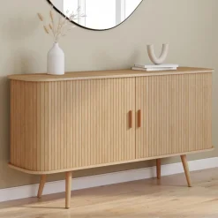 Buffet en bois 140 cm effet lattes avec 2 portes coulissantes
