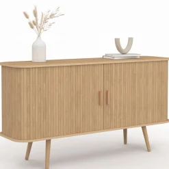 Buffet en bois 140 cm effet lattes avec 2 portes coulissantes