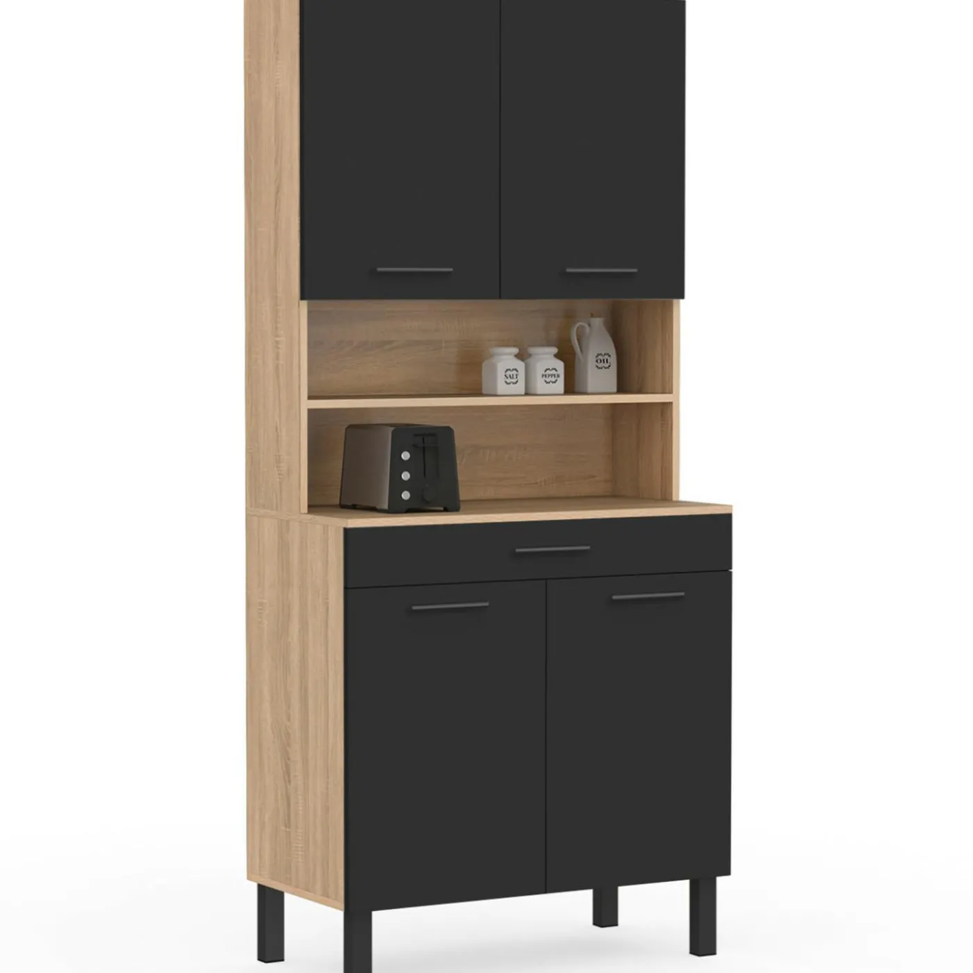 Buffet haut de cuisine bois façon hêtre 80 cm 4 portes + tiroir noir