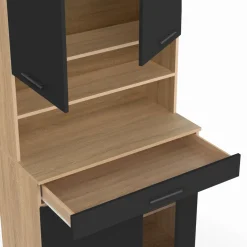 Buffet haut de cuisine bois façon hêtre 80 cm 4 portes + tiroir noir
