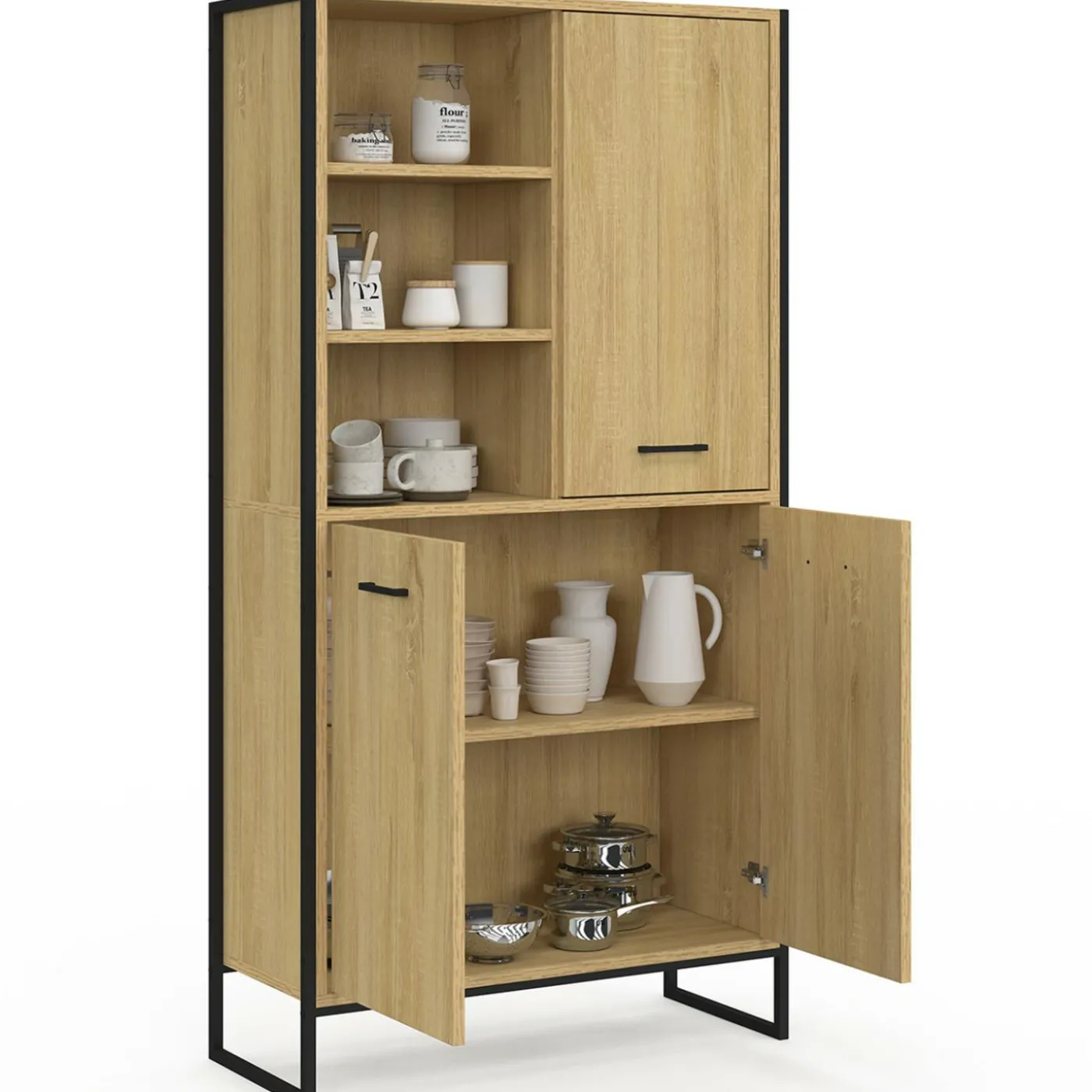 Buffet haut style industriel 160 cm bois et métal avec rangement