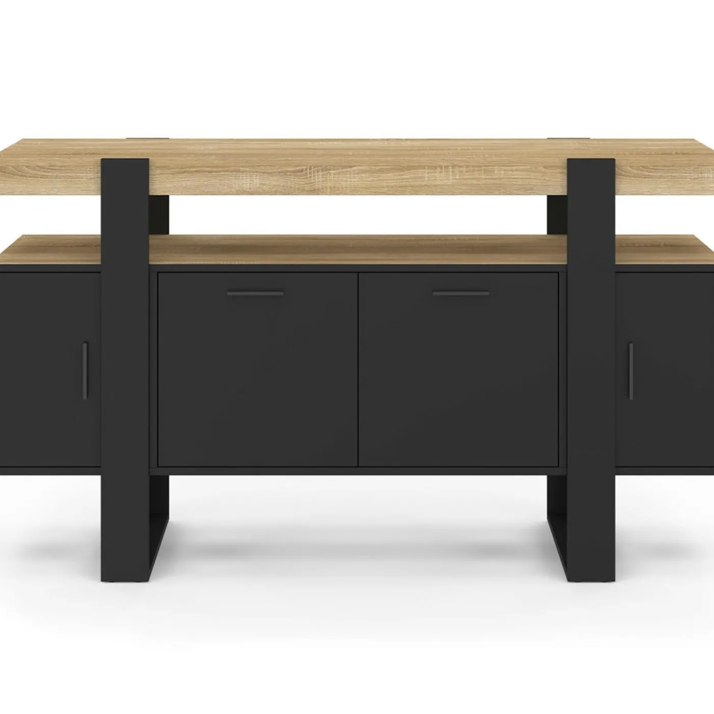 Buffet noir avec plateau bois 140 cm 4 portes