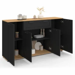 Buffet noir et bois 4 portes 1 tiroir